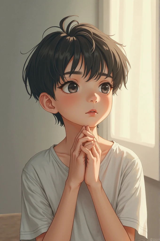 boy, 1 boy, 10 years old, cute , small, Pinkish white skin, Short black hair, two-block style., conjunctivitis, Wear Black, loose shorts., Take off your shirt.., sitting on the bed, slim body,