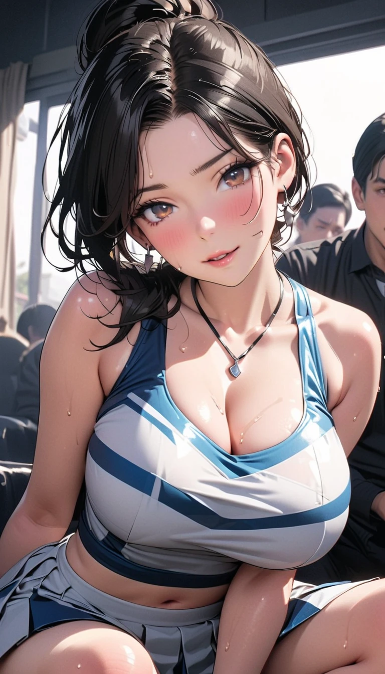((((highest quality)))), (((Ultra-precision CG 16K))), (((masterpiece))), (((Very detailed))), (((Extremely detailed))), (((Black outline:1.3, Written boundary depth:1.3 , Written soft outline, sharpness))), Maximum clarity and sharpness, Multilayer Texture, Surface Shading, Cinematic lighting, Beautiful details sparkle ,Perfect Proportions, Limited to one woman, BREAK accurate, Anatomically correct, Highly detailed face and skin texture, drawn in detail, Highly detailed facial and skin texture, Detailed eyes, beautiful hair, Beautiful Japanese Idol face, Beautiful and beautiful eyes, Beautiful body, Beautiful breasts, Beautiful thighs, Beautiful legs, Beautiful fingers, (Beautiful views) , skinny body, ((Beautiful Skin)), ((Skin Texture)) BREAK breast enlarged, medium Breasts, rocket breasts, (((perky breasts))), ((covered nipples)), slender waist, ( narrow eyes, blush, determined expression, hot, sweaty , Heavy breathing,) , (streaked hair, hair intakes, colored inner hair, ) BREAK (((wearing oversized printed sexy professional clothing , wearing wide-leg-pants, breasts is covered by outfit))) , wearing earrings, (((suntanned skin, tan lines))) , BREAK ( stick breast out, bending over, street fight, spotlighting ),(((looking at viewer, super detailed background , ))), BREAK (((portrait , close-up of face, bust-up shot, looking at viewer, )), (natural make), random angle, random situation , pinup magazine pose