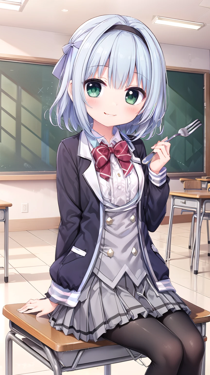 school uniformasumi-default , school uniforms , green eyes , blue hair , Hairband , school uniforms , shirt , pleated skirt , Frill Skirt , black tights , Sitting , Smile , fork_leg , interior , Living_ room , 大leg , Smile , cute_ Smile