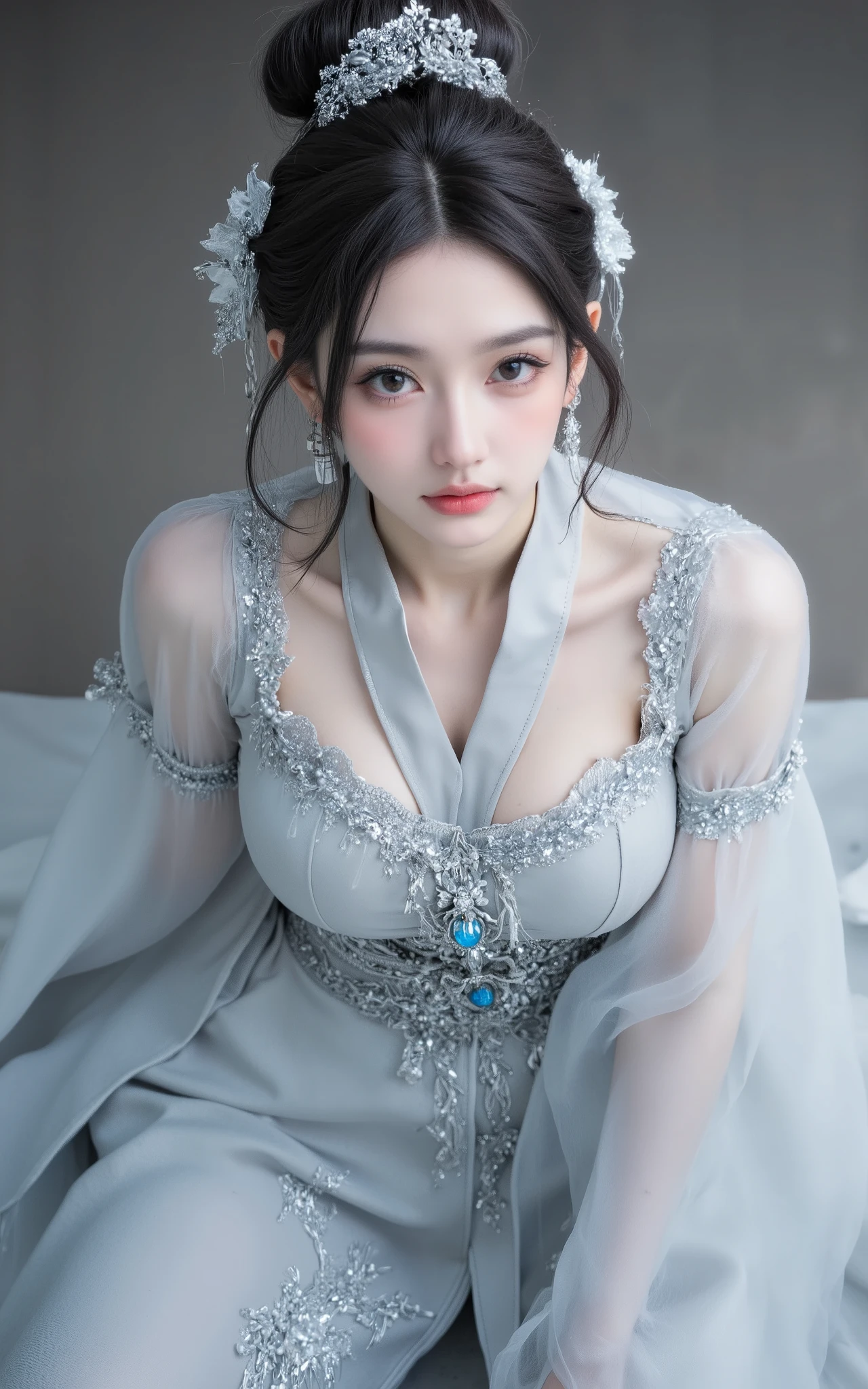 , and the slightly deepened ends of the eyes add a bit of depth,Neckline design,to the costume
Dressed in a light gray antique robe,adds a sense of detail。The shoulders are decorated with tulle,flutter with the wind。Neckline、and the waist with silver metal ornaments,waist accessories are particularly gorgeous,Inlaid with blue gemstones,exudes a cool and noble look。
The hair is tied to the top of the head,Regular bun,silver hair accessories,There are a few strands of hair scattered naturally。earrings are simple and exquisite,Coordinates with the overall look,full of chic and handsome。
makeup
The brow shape is neat,Full of heroic spirit。Eye makeup is natural,in the hair。The lip color is light red,The overall makeup is clean and fresh,, the body embroidered with delicate silver and white silk thread {x} highlights the character's cool temperament and extraordinary demeanor。