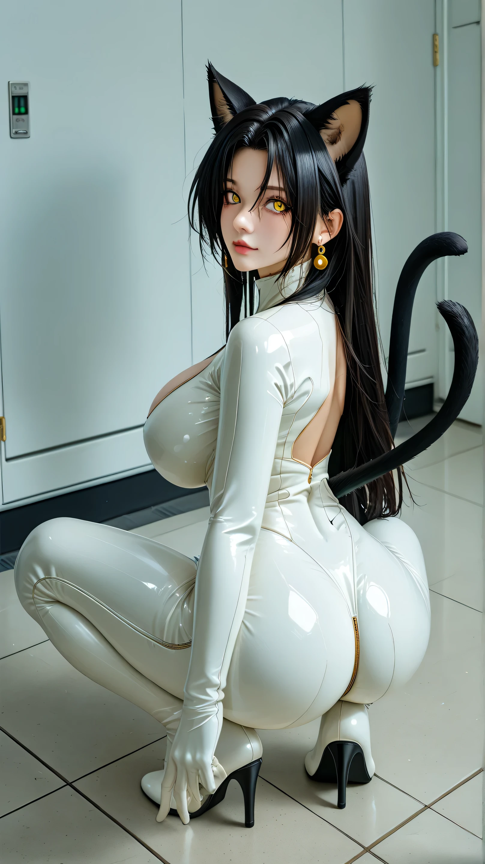 beautiful Mexican with cat ears and a cat tail, gigantic cleavage huge breasts, small waist, wide hips, skimpy crop top and tight booty shorts, orange half jacket, glossy shiny pantyhose, sneakers, extremely long flowing hair, cyberpunk, 8k,hd, intricate, photo realistic
