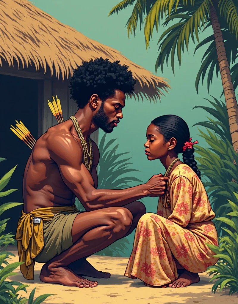 rating_explicit, naked, source_comic, 1 man, 1 woman, blue eyes strong man, short black hair, pointed face, shirtless, kissing a african woman, white shirt, dreads hair, huging, in oasis, nakeds
