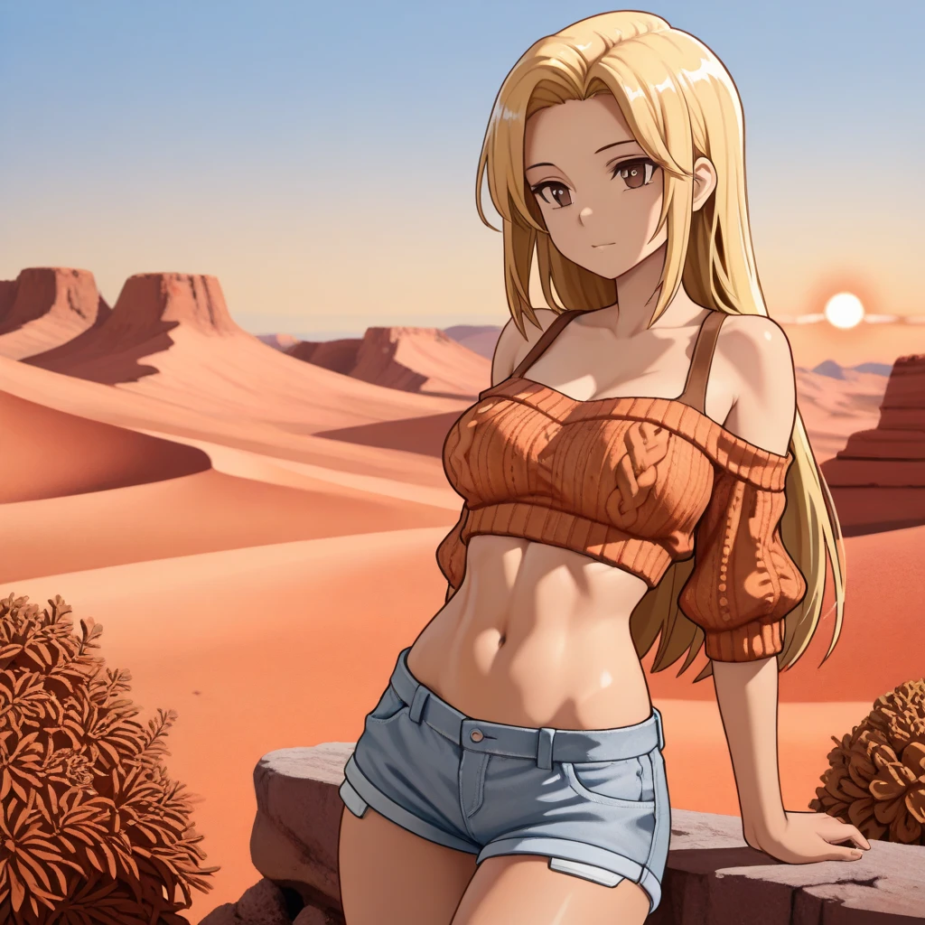 (masterpiece, best quality:1.2), solo, Android 18 from Dragon Ball, (light gray top), ((white slip-on crop top)), ((long sweatpants)), ((light gray sweatpants)), (gray hooded jacket), thighs, midriff, small breasts, sweat, blonde hair, (single hair bun), ((blue eyes)), earrings on earlobes, slender feminine figure, narrow waistline, skinny body, long legs, Egypt, walking across desert, large pyramid, daytime, clear sunny sky, sweating, cleavage, off shoulder, magnificent view, blur background, 4K