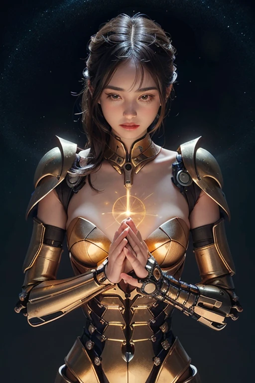 "Create an image of Lee Sin from League of Legends by Riot Games, reimagined as a female, in her Prestige Nightbringer skin, wearing her luxurious, no having clothes,golden armor with celestial patterns and radiant light, having massive k-cups:1.55. She's in a grand celestial hall with glowing symbols and divine light, in an attractive pose with her fists glowing with divine energy."