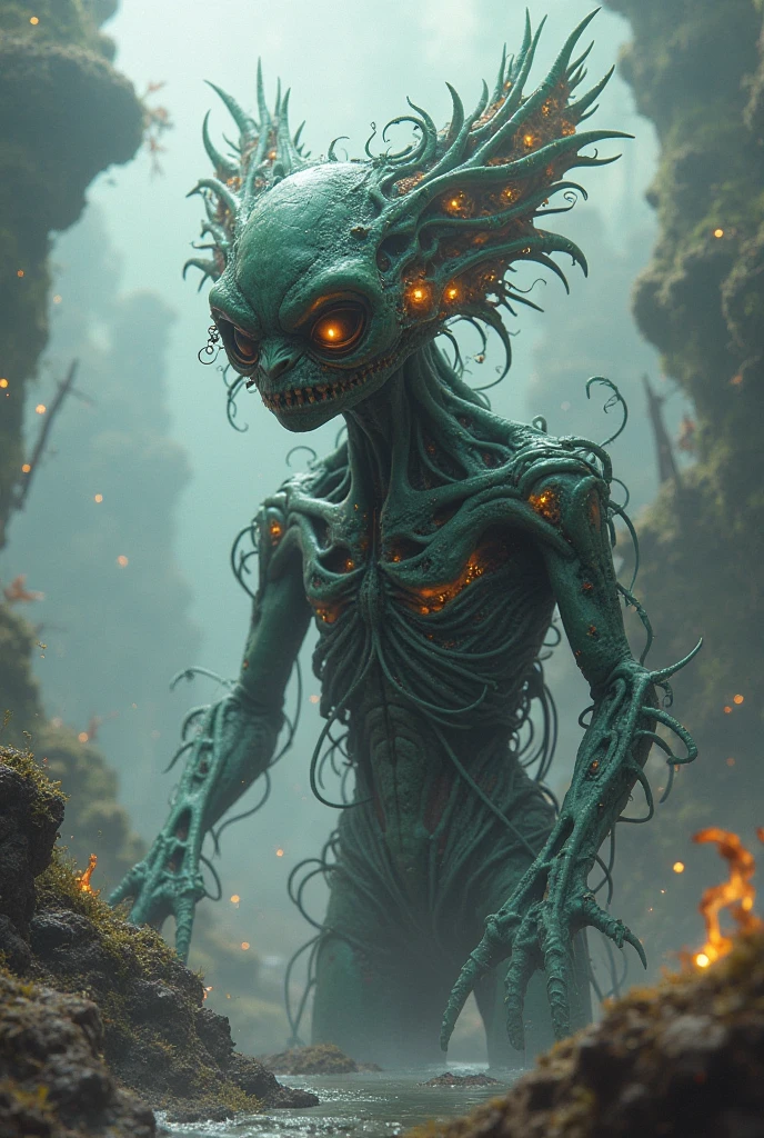 (medium shot ) of a hybrid creature with mossy metallic silver skin, moss-covered body, segmented body, elongated skull, prehensile tail, glowing scales, crystal shards luminescent moss alien jewelry, defending a fortress, located in a magical scene at a enchanted ethereal plain during noon with sunny weather, illuminated by lantern light, creating a mystical heroic atmosphere, detailed face, ,Masterpiece,best quality, photo, realistic, very aesthetic