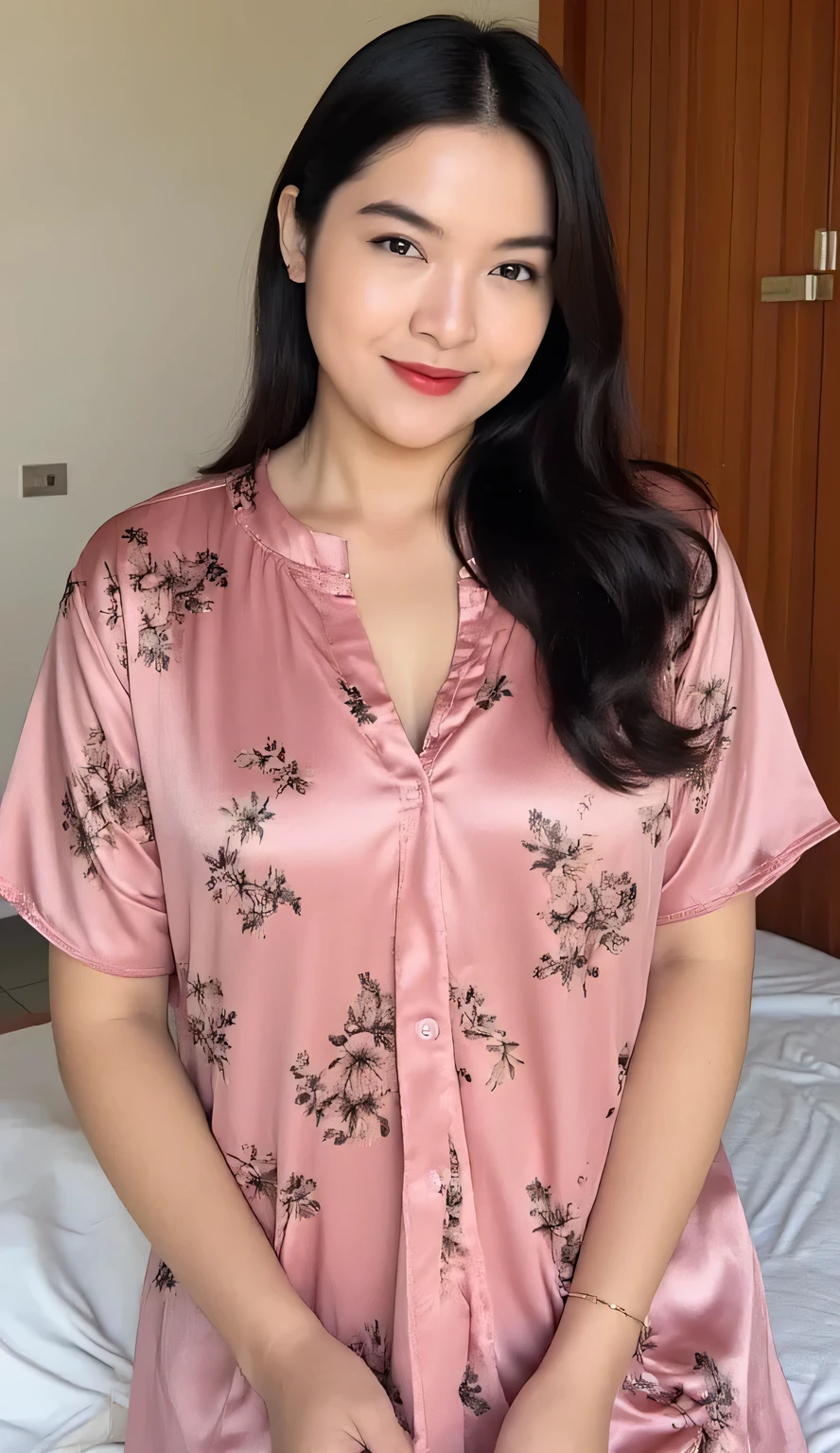 A beautiful woman, Sit on the mattress, shirt looks full body, body facing front, eyes looking at camera , used Indonesian negligee short sleeve long to toe satin material pink floral print, big , red lips, black hair,