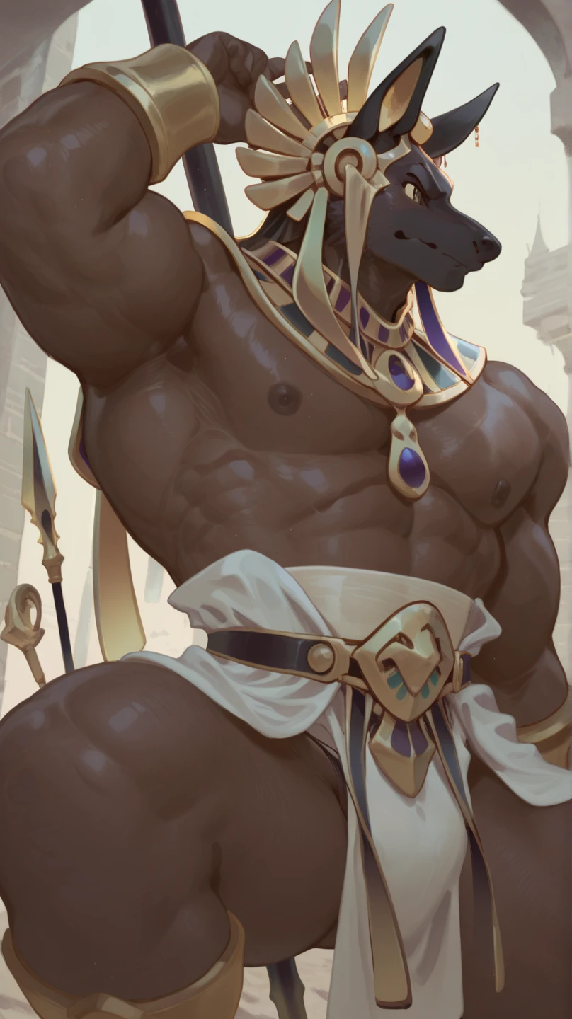 ultra-detailed, masterpiece, masterwork, high quality, best quality, hdr, (nature, pyramid, sand), posted on e621, (by darkgem), nsfw, male, solo, (little body anubis), canine, (yellow eyes), standing, dynamic angle, ((foreskin, perfect balls))