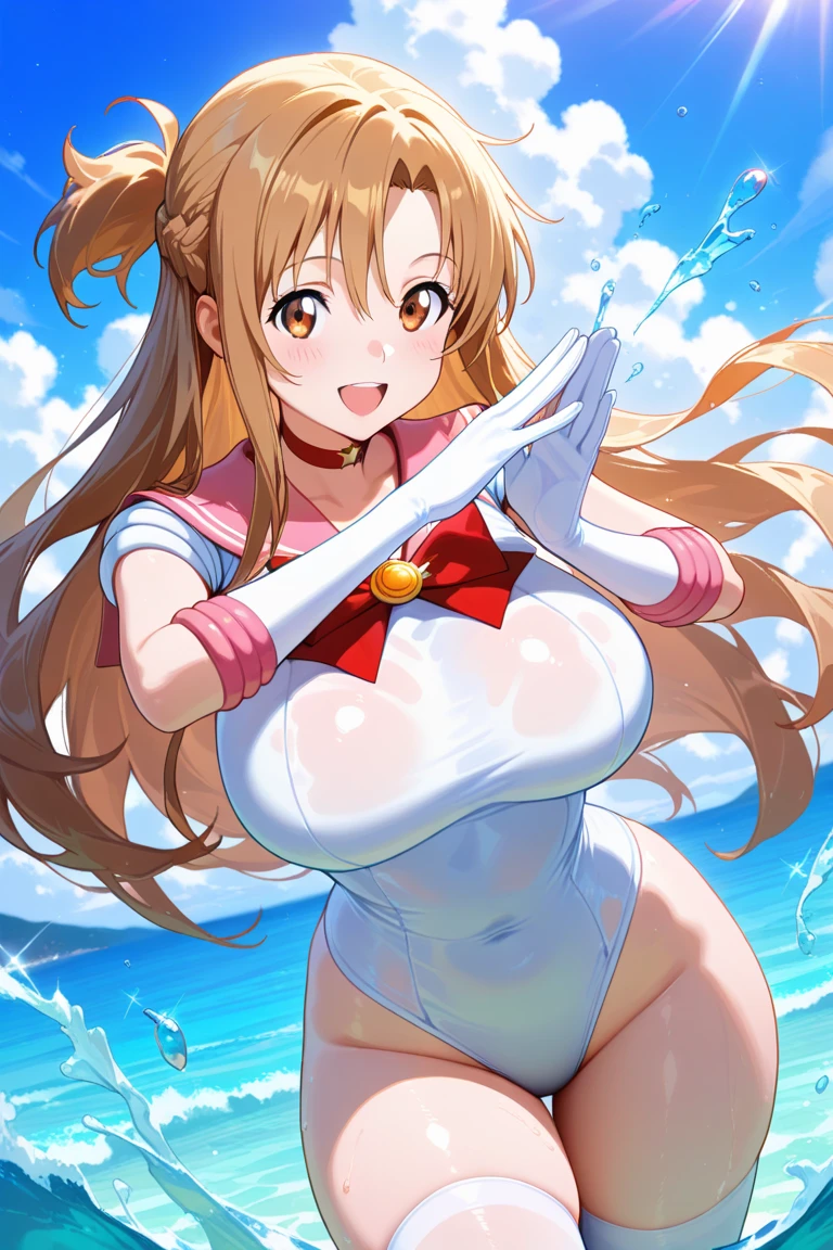 hiquality、16 K、Huge breasts,Parted bangs hair, glares, blush,Long hair, Brown eyes,Golden head hair,adult woman,Sweat,,white glove,OL、highleg leotard,White and light blue leotard、Light blue mini skirt、Electronic space、Jumping、Extend your right hand forward、Holding a card in your left hand、