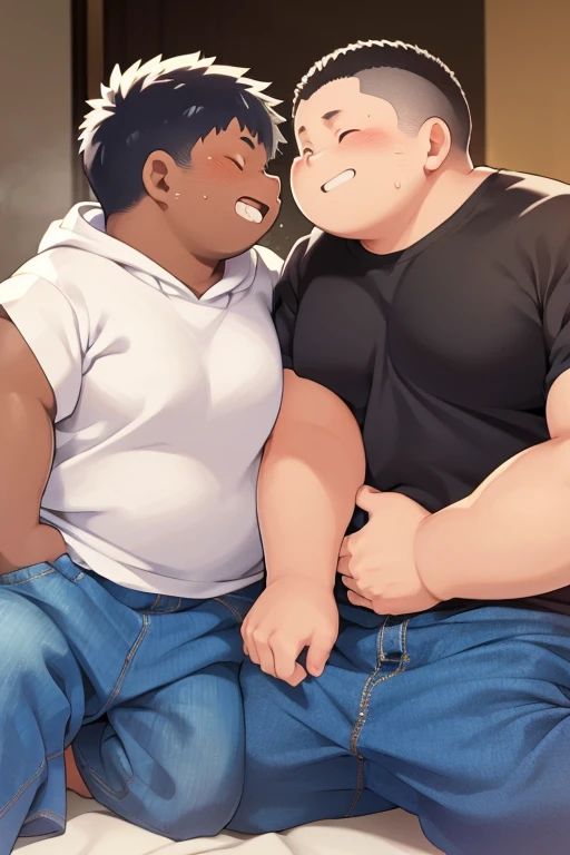 two middle-aged black fat men hugging and making out, huge balls, fully naked, bald, (fatness: 0.5), 30-years old, nerdy, Shy, Thick neck and fatty round face, Sweating, Solo, african, ugly face, detailed face, ultra thick, thick, tired, sweaty body, full body shot, wide angel, naked, Retro comic style artwork, 1man, overweight, dripping of his body, he has a big, cock, big dick, huge cock, in a white room, he has a massive cock, he has a huge cock, he has a thick cock, he has a fat cock,