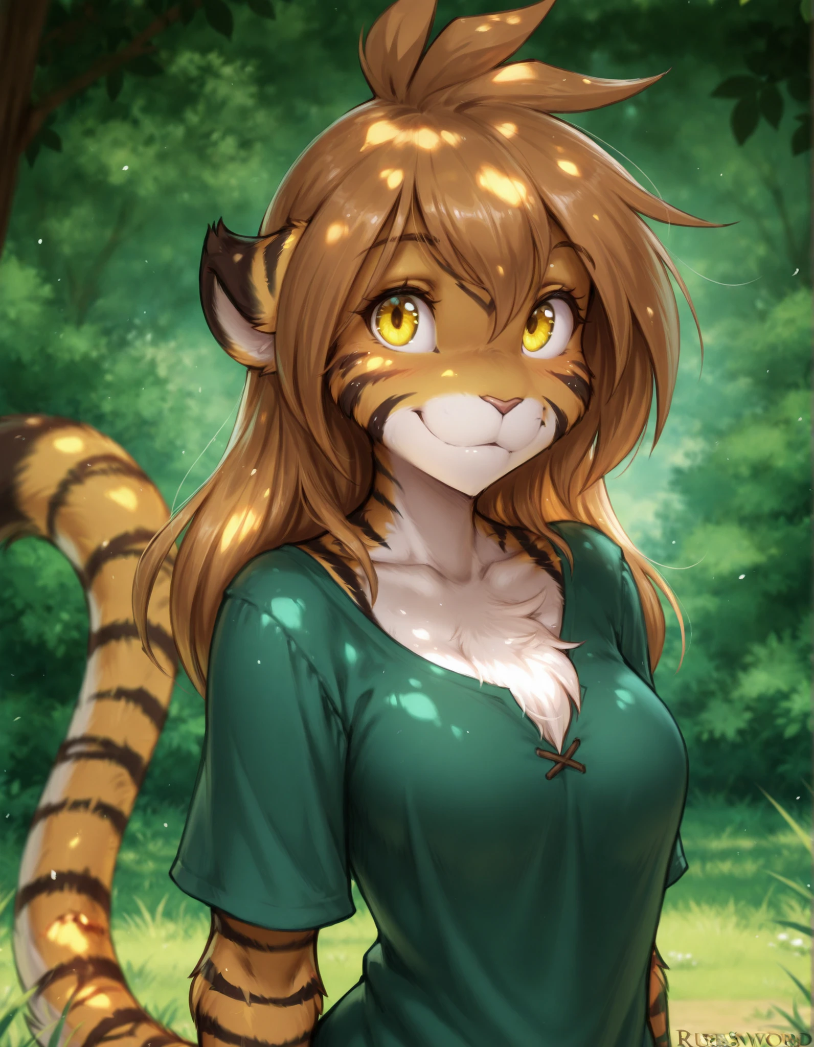 masterpiece, best quality, very aesthetic, 1girl,, furry, solo, flora_twokinds,, tiger, striped fur, keidran, yellow eyes, anthro, runesword,, green shirt