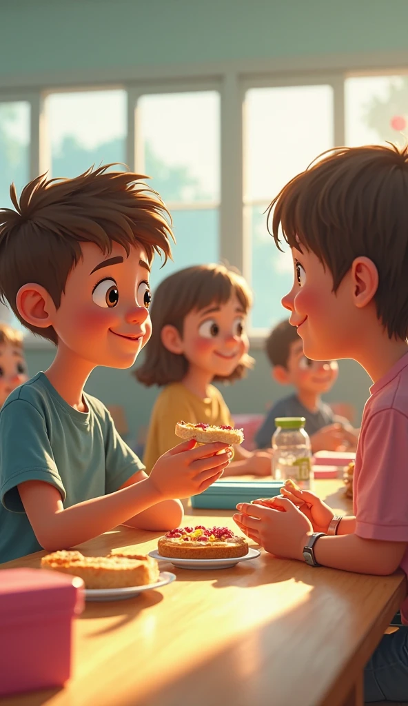 3 children eating at a table and a father arriving with tickets in hand