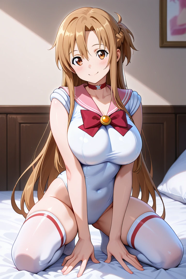 ((Highest quality)), ((masterpiece)), (detailed), Perfect Face、NSFW、、Squat、Leg spread、((M字Leg spread))、solo、From below the front、、Ahegao、Fold your arms behind your head、Yuuki Asuna、Green striped tiny micro bikini、Striped tiny micro bikini that shows pussy when ides off、She pulls her swimsuit aside to reveal her pussy、