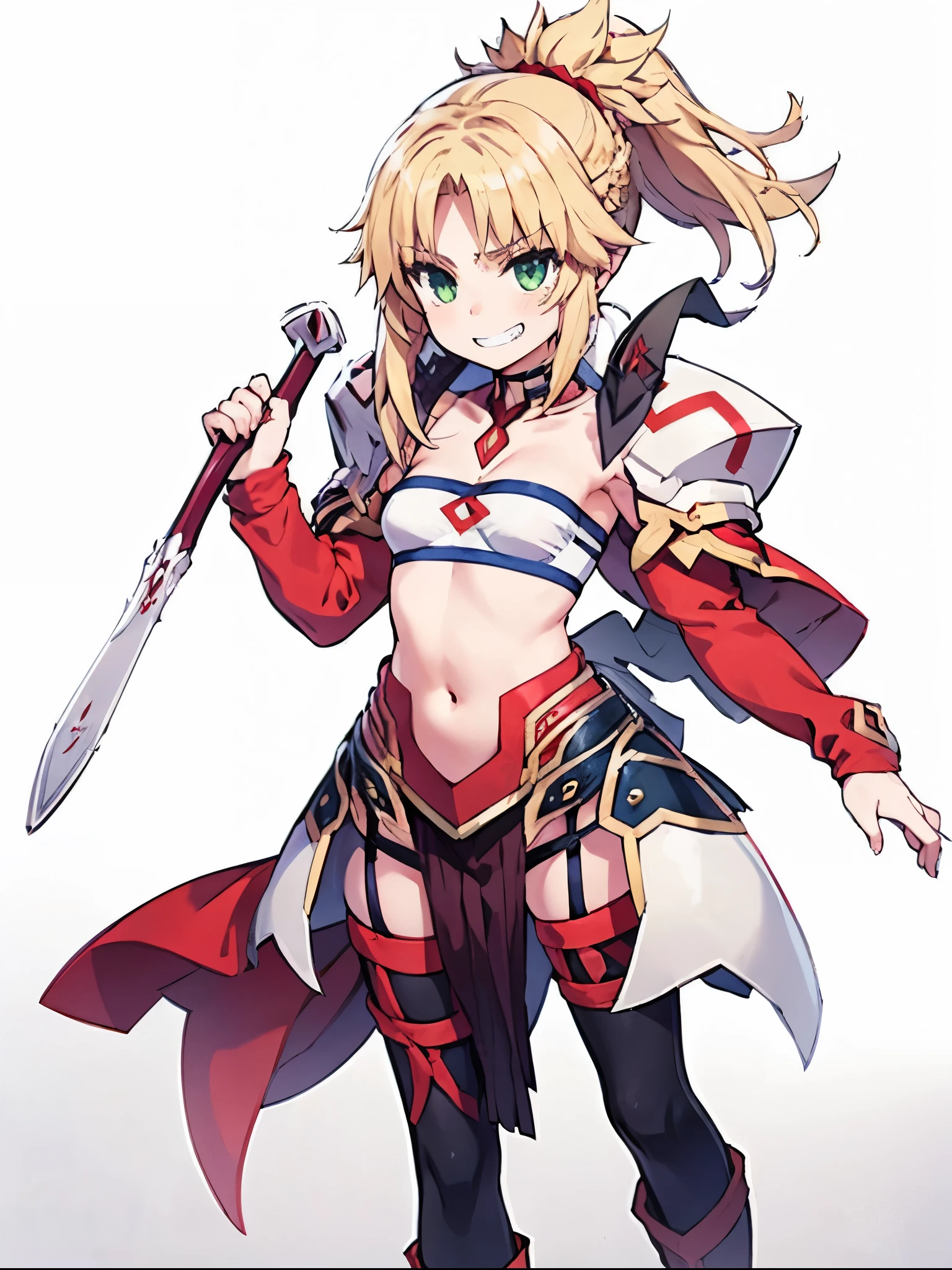 realistic, (masterpiece, top quality, best quality, official art, beautiful and aesthetic:1.2), extremely detailed,(1girl:1.3),cowboy shot,(looking at viewer),(holding single weapon:1.3),holding EA, Holding Sword of Rapture, pointing weapon at sky, from middle,black background,(night:1.2),
filmg, amused expression, JunkoenoshimaTopless, solo, and long, thick, bleached strawberry-blonde hair tied in two twin pigtails, (heterochromia light blue and red eyes:1.2), 1girl, jewelry, standing, earrings, necklace, armor, tattoo, topless, Gold armor, shirtless, gold clingon bra, single gold gauntlet,shoulder armor,elbow gloves, shoulder armor, gold cardigan over a red dress shirt, with both left open to the third button to expose the top of her gold-and-red bra, a red pleated miniskirt that is cut extremely short, and mid-sized gold and black boots with platform heels and red laces, standing, full body portrait
