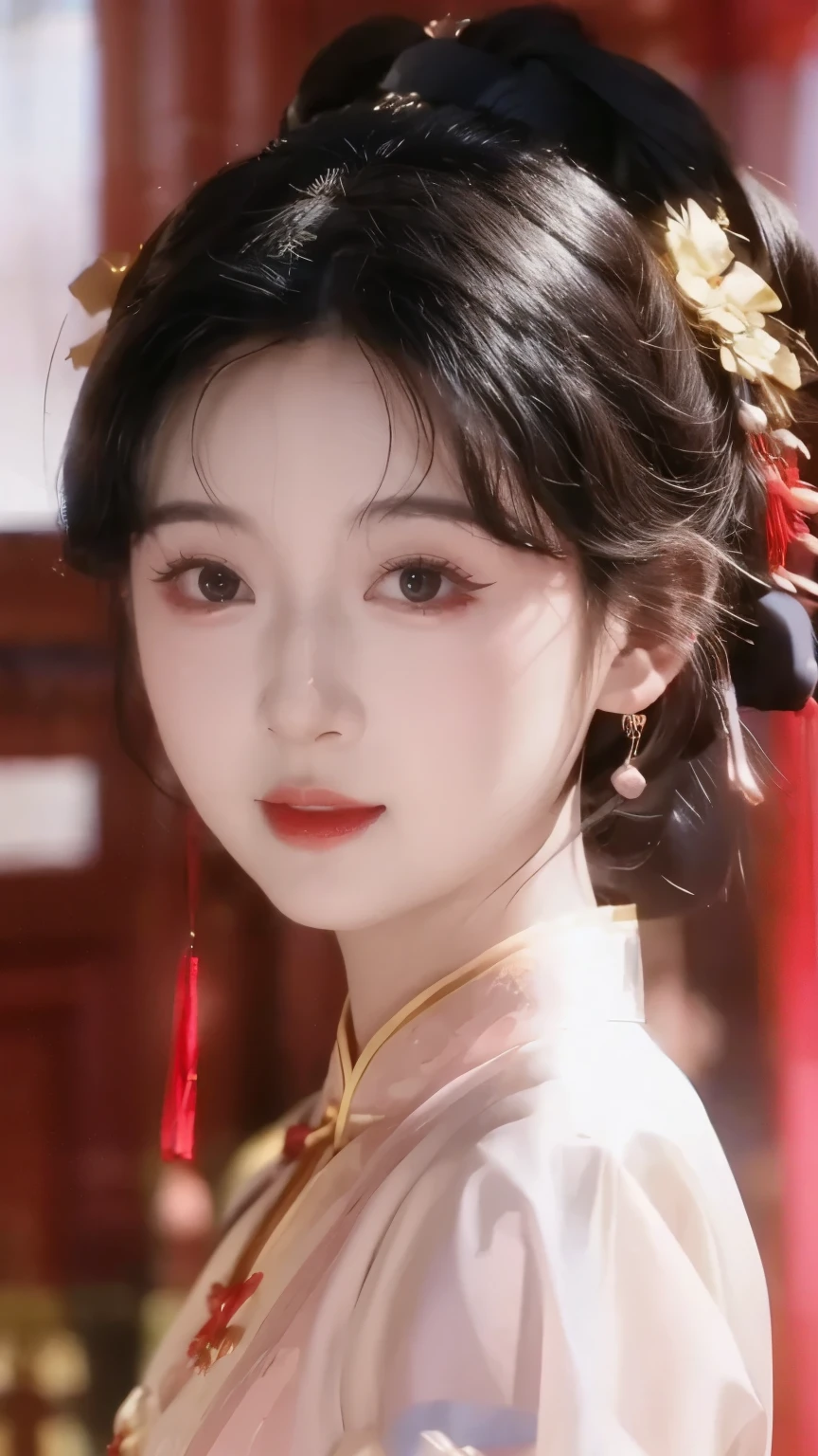 1 beautiful girl,best quality,(painting:1.5),Chest,torii,,depth of field, detailed face ,facial focus,ribbon_trim,(watching the audience:1.25),Smile,Thick lips,Real People,cheongsam