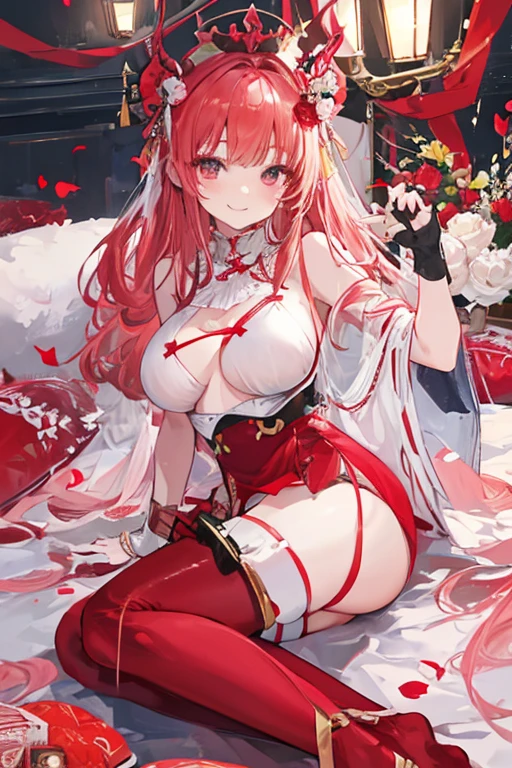((best quality)), ((masterpiece)), (detailed), Perfect face,Red and white kimono,The cuffs and lapels of the large sleeves are tied with this red silk scarf,Shrine maiden,Red long hair,Delicate brushstrokes,Soft and smooth long hair,Round forehead,Long eyelashes,Deep rose red eyes,Swan-like neck,Clear butterfly bone,Delicate and soft skin,Exquisite calves,Slender ankles,Slender figure,The downside is that there is a lack of agility between the eyebrows and eyes,belly button,Navel,exposed,beauty,Shoulders,Fair skin,Beautiful clavicle,White arms,beauty的玉足,Slender waist,Slender thighs,Lying on the bed,Blurred eyes