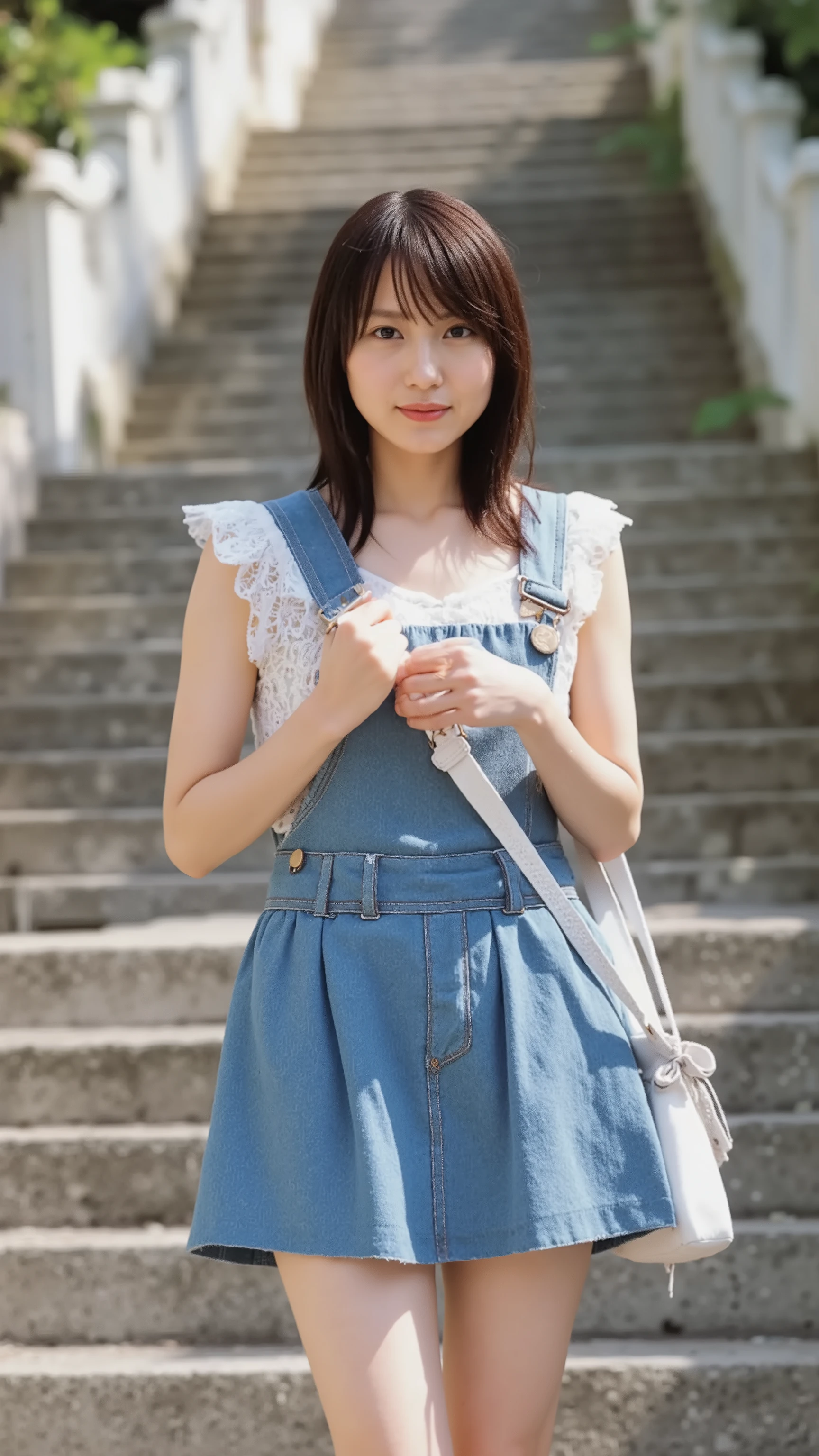 ((View angle from below、 top quality 、masterpiece、32K、Every Little Detail ))、Descend the outdoor stairs、 white blouse、(huge breasts), pleated skirt 、((( Strong wind blows my hair and skirt:1.62)))、(( I always wear the bag strap at an angle to my body:1.22))、 One Girl , Alone、((( miniskirt, no underwear:1.22)))、Big Breasts、barefoot, high heels by Miguel