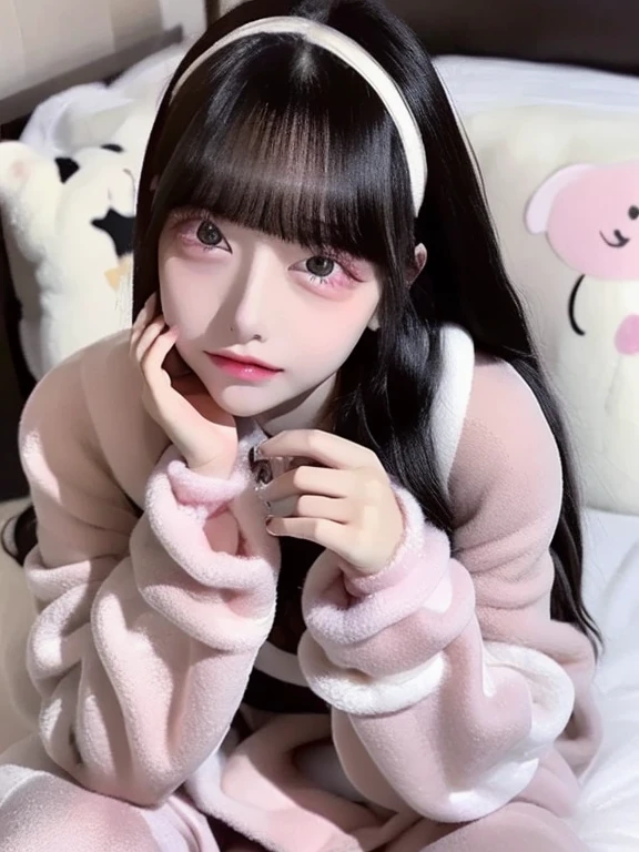 raw photo, 8k, (top-quality), Realistic, (real picture, Intricate details), (natural skin texture, detailed skin, hyper realism, sharpness), (Japanese teenage girl sitting on bed in a hotel at night, folding arms), ((gray hand-knitted long sweater, v-neck sweater)), (((flat chast:1.5))), (slender body, pale skin:1.2), ((pig tail hairstyle, blunt bangs)), (provocative look, Parted lips:1.3, eye shadow, eyeliner, tear bag:1.3, red lips), night time, spot lighting:1.3