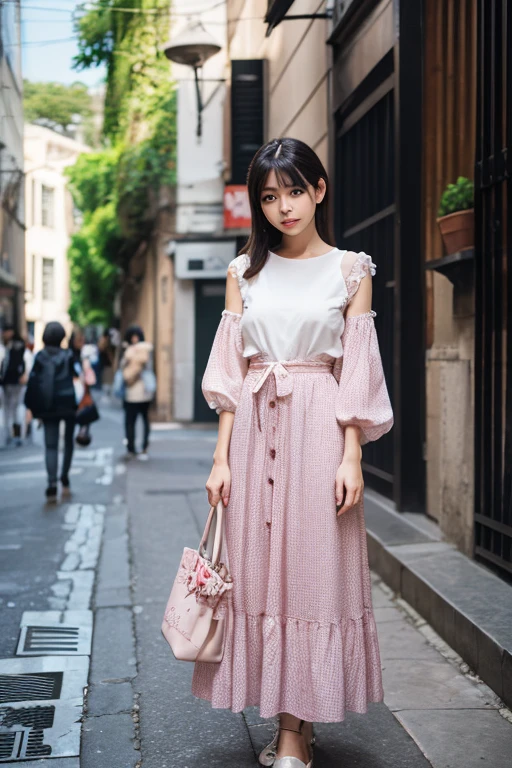 Black over-the-shoulder ponytail hair,By bangs,White color blouse,Pale pink skirt,White sandals