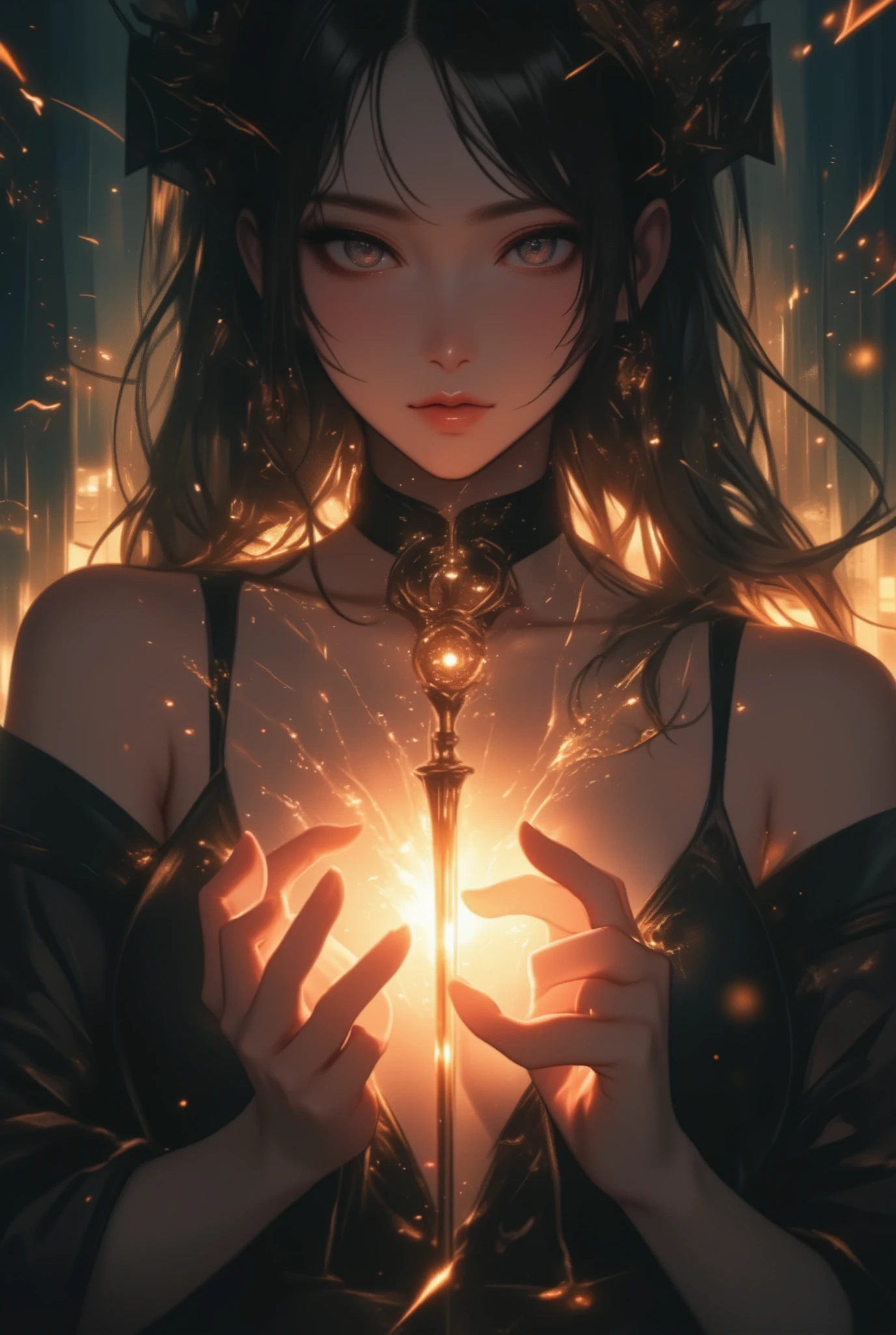 dramatic realistic style inspired by bijin-ga and gekiga, no men, only beautiful busty woman, extreme close-up on both elegant hands thrust toward the camera, tightly gripping a glowing rod exactly 20 centimeters long, small enough to fit perfectly between both hands, radiant divine glow and mystical aura around the rod, hands are the main focus, background softly blurred showing busty woman’s large cleavage, seductive soft smile, cinematic lighting, dramatic shadows, ultra detailed and expressive, elegant and erotic atmosphere --v 5 --ar 16:9