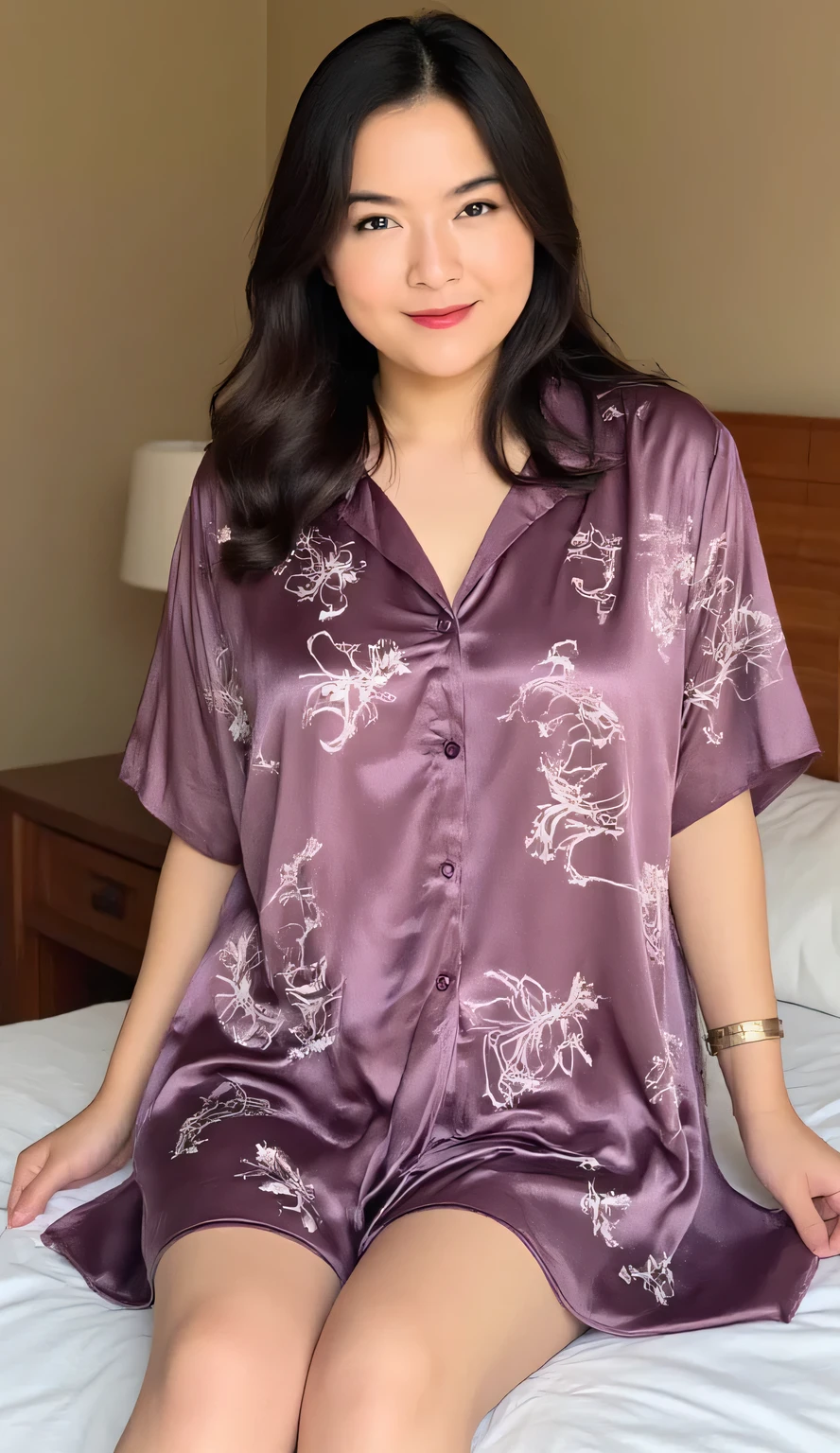 A beautiful woman, Sit on the mattress, shirt looks full body, body facing front, eyes looking at camera , used Indonesian negligee short sleeve long to toe satin material purple color floral print, big , red lips, black hair,