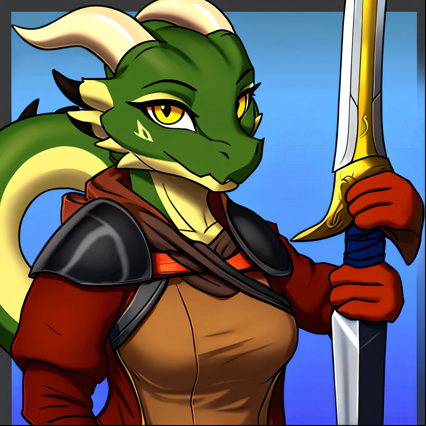 Best quality, masterpiece, kobold, furry, anthro, female, 1girl, green scales, horns, yellow eyes, sword and shield