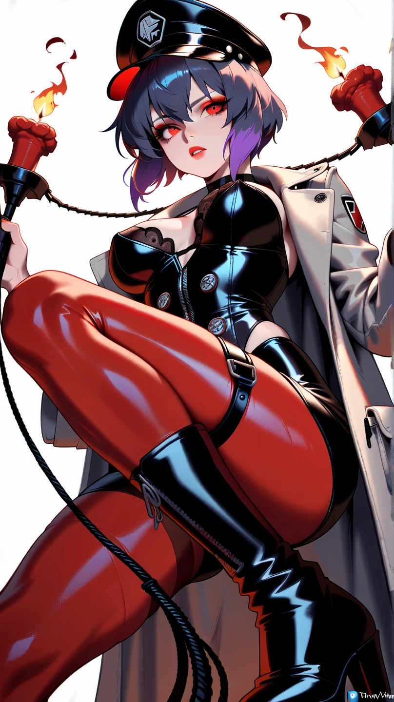 masterpiece, extremely detailed, (fractal art: 1.3), highest detailed, (1girl) (upper body Integra Hellsing cross bet blindfold) focus, upper body, HDR, ), vivid visual effects, (dynamic stripes, luminous traces: 1.2), abs, muscular, ass, ass focus. looking at viewer, sitting at a office table, office, dominant, annoyed expression, frustrated, sitting, huge breasts, boob window, big knockers, detailed face, perfect face, wearing overall jumpsuit, overall jumpsuit showing shaved armpits