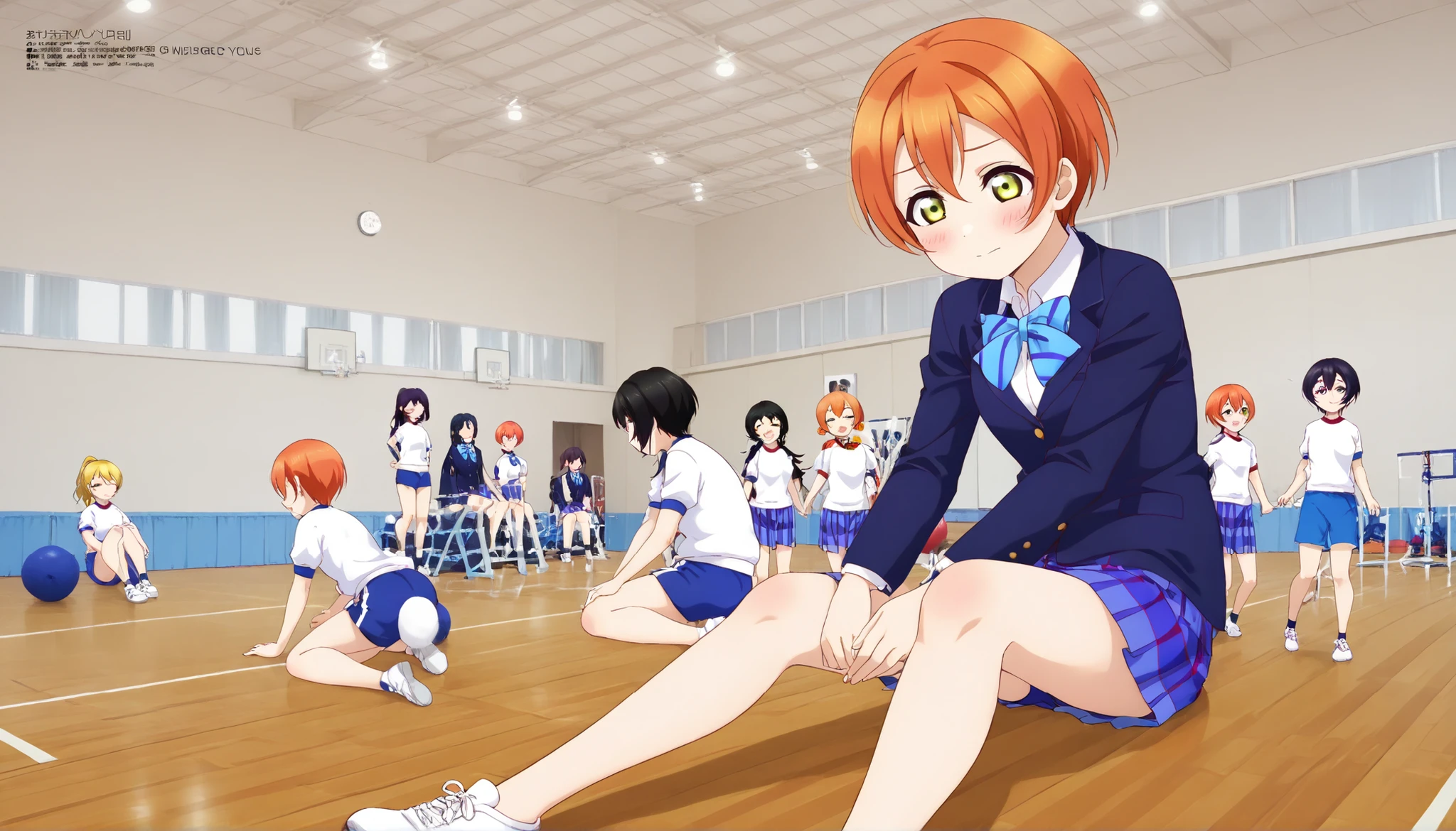 1girl,unwellness hoshizora rin, striped, short hair, blush, otonokizaka school uniform, lovelive_rin black blazer, blue plaid skirt, blue stripe bowtie, orange hair, very short hair, hair between eyes, yellow green eyes,sitting on the floor grasping one's knees (as in a gym class),score_9, score_8_up, score_7_up, rating_safe, masterpiece, best quality, absurdres, unity 8k wallpaper, official art, official style, source_anime, uncensored, game cg, megami magazine,taiikukan, indoors, sportswear, multiple girls, indoors, photo background, shorts, 6+girls, ceiling light, black hair, ceiling, stage, wooden floor, gym uniform, sportswear,Gymn4s3,