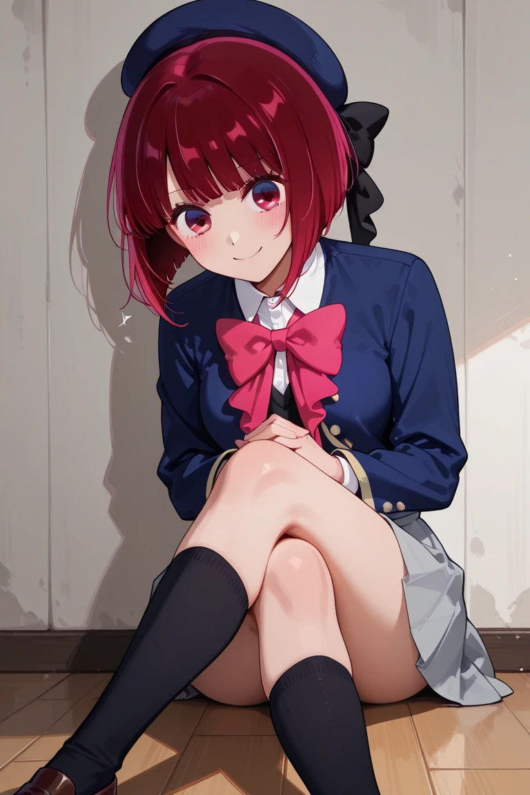 Arima Kana, sitting on top of a school desk, hands on each side supporting herself the desk, slight grin, looking at the viewer, facing the viewer. black knee socks, 1 girl, from below, wearing a Japanese school uniform, white collar, large red bowtie, blue beret hat, brown dress, medium breast(1.5), nice thighs, both feet down, red eyes, beautifully detailed eyes, galaxy eyes, reflection in eyes, best quality, light shadows, behind her is a window looking out to a few building of the city, it's sunny outside, sun casts a little shadow on the wall, best quality