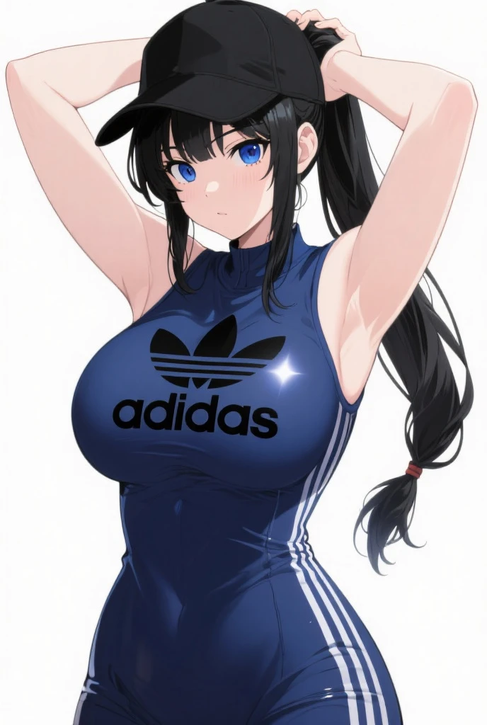 top-quality、Top image quality、masterpiece、girl with((18year old、Sportswear、Black Sports Bra、blue short pants、Best Bust、Bust 85、a blond、Longhaire、Blue eyes、open chest wide、Valley、Happiness、Black wristband on wrist、A slender、Slouched、earrings、The wind blows、Sweating、Extend your right hand))hiquality、visualart、Background with((Gymnasium))、masutepiece、