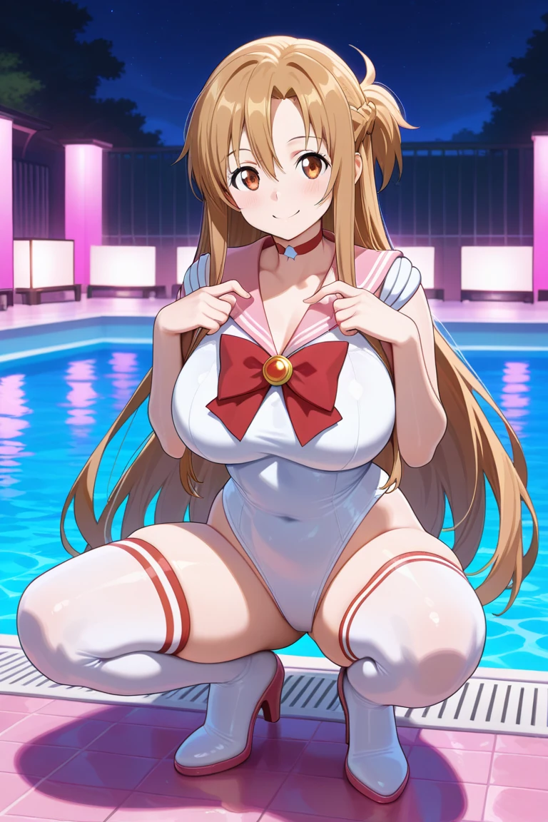 masterpiece、Highest quality、Asuna, 1 Girl, alone,classroom、Side Ponytail、Leaning forward、Big Breasts、Swimwear、Stick your butt out、look back、Five Men、Sex、Handjob