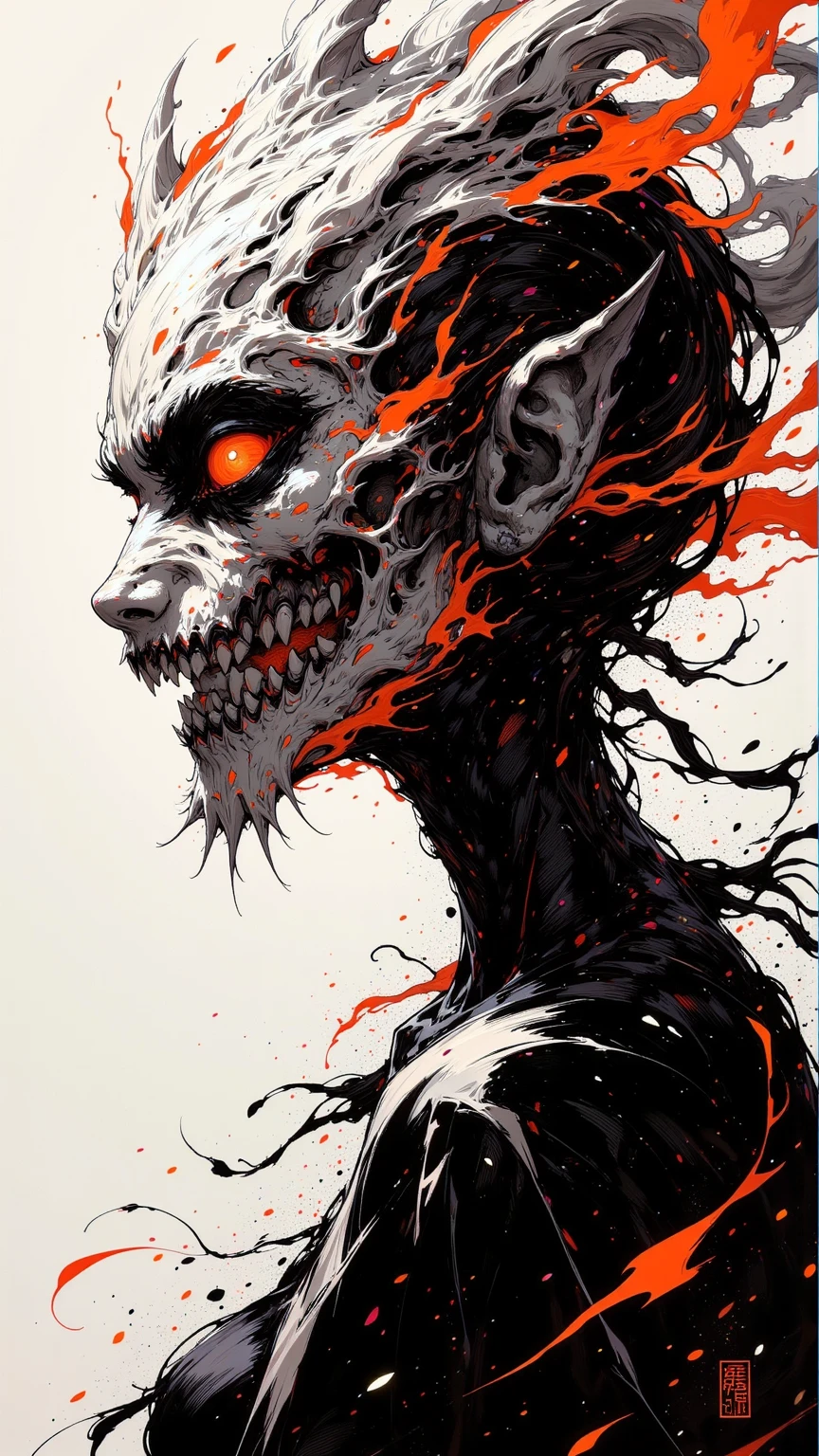 ((body)),((scenery)),humanoid, demon, looks like a clown, cuts, horror, creepy, scary, shock value, dirty, fire, very evil, demonic, ill, skinny, bones, topless, evoke, fear, terror, dread, decay, disgust, Psycho, dark, horns, solo, hell, jester, unattractively, unusually thin, thin, bony, scraggly, emaciated, twisted, frightening, gross, sick
