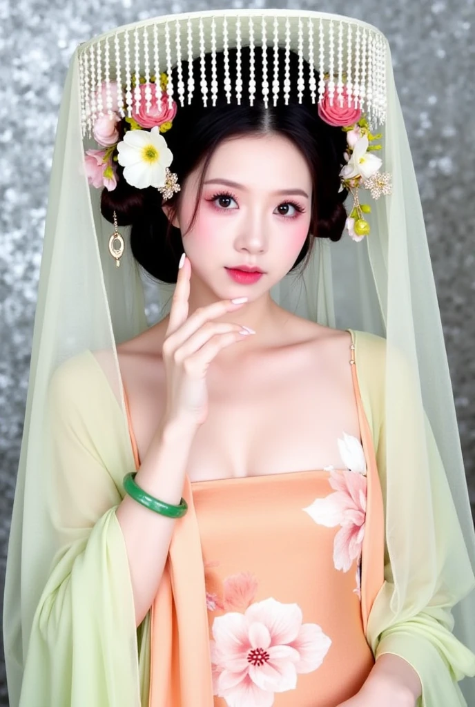 In the flower field sat a woman in a dress, Palace , A girl in Hanfu, Guviz, Guviz-style artwork, Hanfu, By Leng Mei, Inspired by Lan Ying, White Hanfu, guweiz masterpiece, by Yang J, inspired by Chen Yifei, inspired by Jin Nong