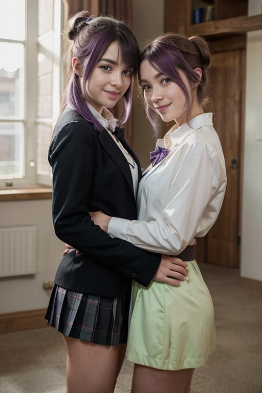 Hot girl, purple hair, blue eyes, sexy pose, black mini skirt, school clothes, kissing