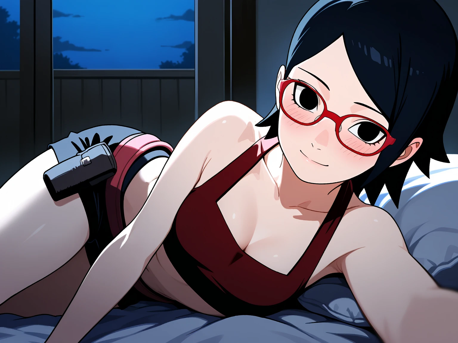 1990s \(style\), retro artstyle, 1990s anime cels style, best quality, high resolution, bedroom, lying, on side, ass focus, black hair, red glasses, huge breasts, maid, frill, blush, embarrassed, smile, choker, frill skirt, black garter belt