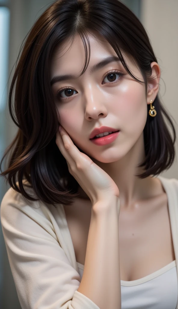 (masterpiece:1.2), (Highest quality), (Visible everywhere:1.3) ,(Very detailed), (8k, Complex), (Lens 135mm,1 1 1.8), (Realistic)(Black background:1.3), Portrait Photography, Side lighting,Edge lights up,Best Shadow,Area light source,Perfect Anatomy,perfect face shape,Best for women,Best Female Body,Improves skin texture,Fine fabric pattern,Precise beauty,Delicate and delicate skin,Very detailed肌,Pale skin,Delicate hair,Glowing Skin,Very detailed顔と肌の質感, Glowing Skin, Sharp details, 超Realistic, Fine and beautiful skin, 1 female, Age 27,Japanese women, (thin:Weight 1.0), Small breasts:1.3, ((Bob Hair, short hair, Straight hair, bangs:1.3, Brown Hair)),Pervert woman, (Office Uniforms, ofiice suits, White blouse, Tight mini skirt, Nipples, Nipples), (((Cowgirl))), The buttoned up shirt flutters), necklace, (((Frowning、Open your mouth、Squint your eyes))), (((From below:1.5, Looking at the audience:1.3, close))), Female dog, Browsing Caution,