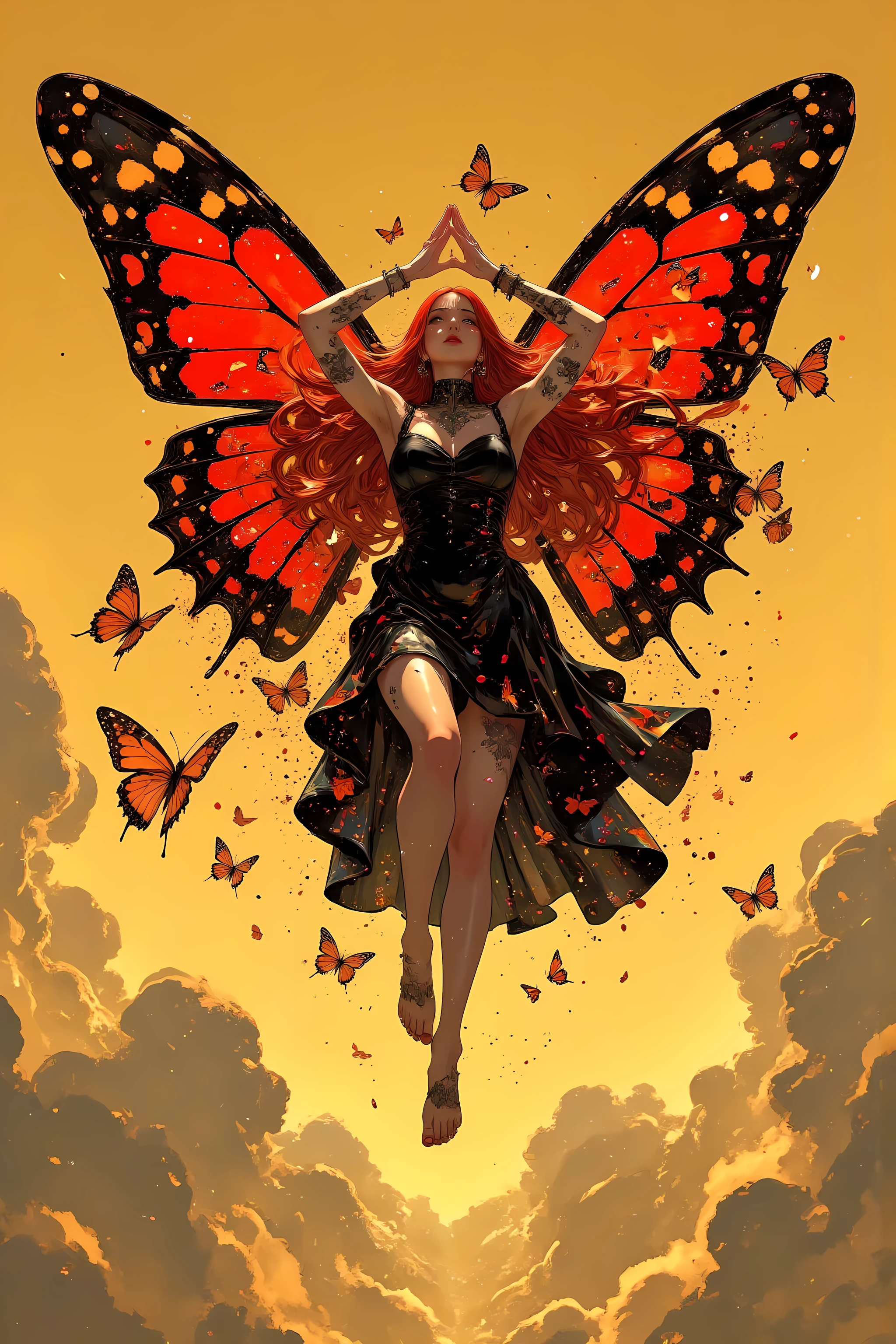 (masterpiece,best quality :1.2),details of face ,hands,legs,solo,flying goddess in the air,with butterfly winds, barefoot,long Red Hair,her Body Is Made of Stained Glass,Red and black giant butterfly wings,wearing a black one piece dress,beautiful like an angel,dynamism,bright golden sky,the theme is Angel Encounters,Incredibly Beautiful scene,Ultra Wide shot,strong colors,stylish anime