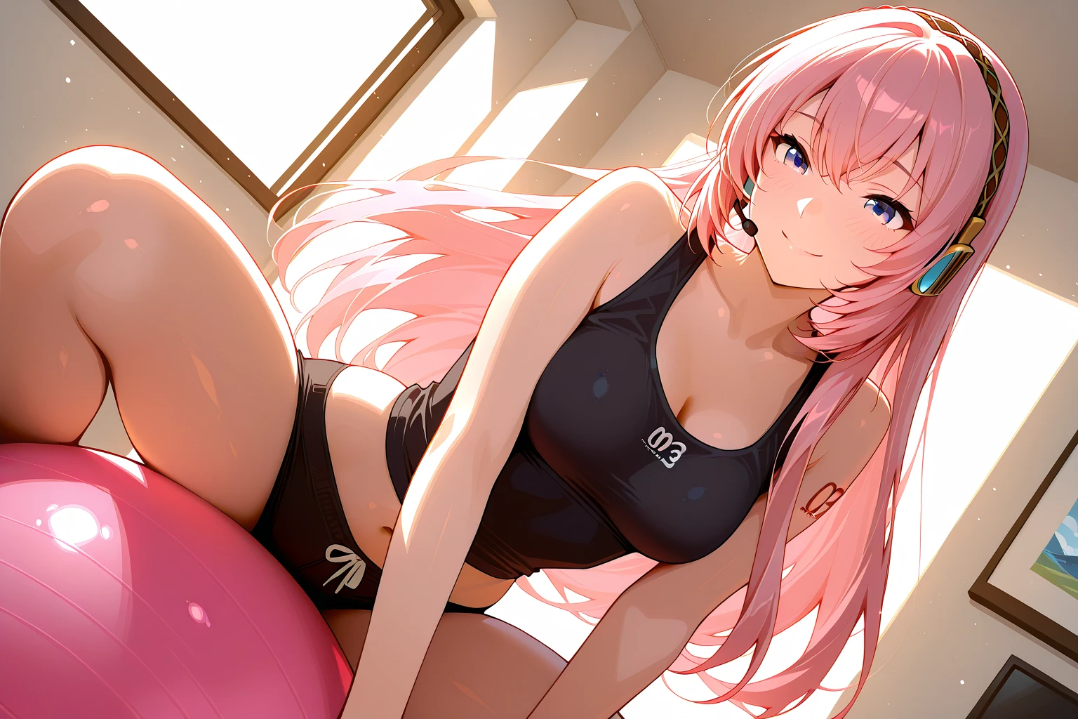 the masterpiece， Best quality at its best， 1 Girl，One， Sakura Haruno， small breasts，（lower body close up)，raised sexy，shy，with pink hair， Long white hair， （green eyes:1.3)， Forehead Protection， angry，,red clothes, tight black glossy bicycle shorts, lying on his stomach, thighs on the edge of the bed, knees on the floor, the back is arched back, hands tied with rope on back, full face view of popu, legs are completely visible