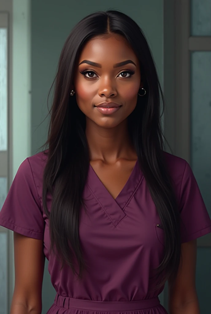 Pixar image black skin doctor, black straight hair. In a uniform and medical gown office