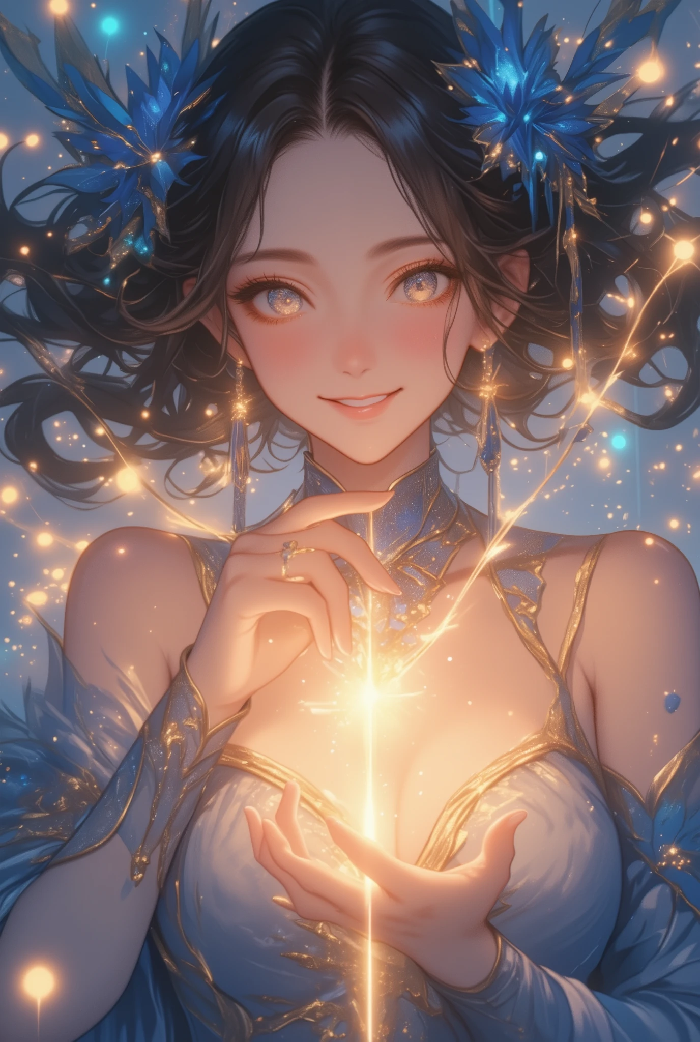 fantasy anime style, beautiful busty woman, only her own hands gently stacked together, sensually and gracefully holding a glowing rod about 20 centimeters long, perfectly fitting in both hands, radiant divine glow, mystical aura and magical particles surrounding the rod, extreme close-up on elegant hands, hands and rod are the main focus, background softly glowing showing busty woman smiling gracefully, cleavage visible, ethereal and dreamy atmosphere, cinematic fantasy lighting, ultra detailed and expressive, elegant and symbolic erotic composition --v 5 --ar 16:9