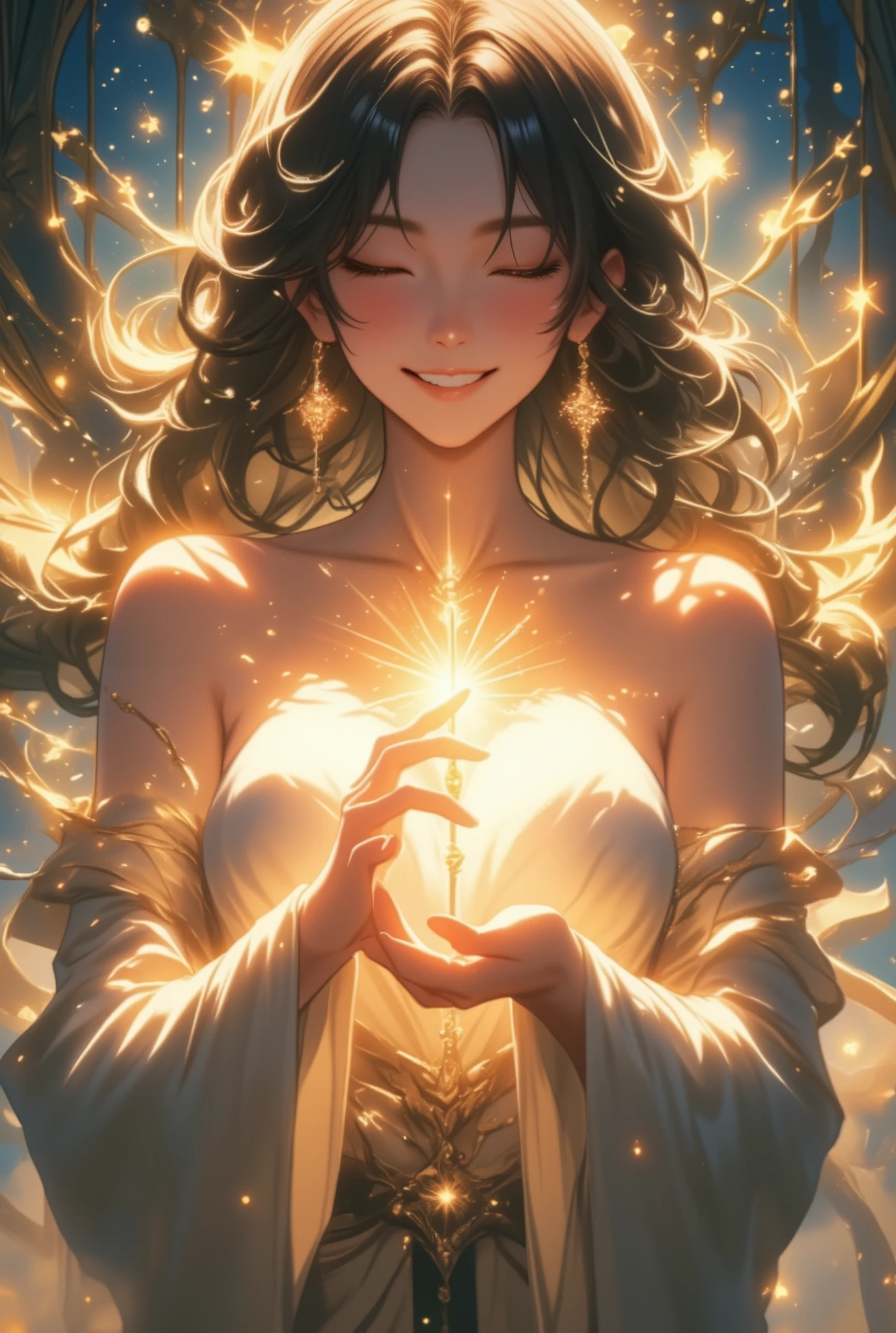 fantasy anime style, beautiful busty woman, only her own hands gently stacked together, sensually and gracefully holding a glowing rod about 20 centimeters long, perfectly fitting in both hands, radiant divine glow, mystical aura and magical particles surrounding the rod, extreme close-up on elegant hands, hands and rod are the main focus, background softly glowing showing busty woman smiling gracefully, cleavage visible, ethereal and dreamy atmosphere, cinematic fantasy lighting, ultra detailed and expressive, elegant and symbolic erotic composition --v 5 --ar 16:9
