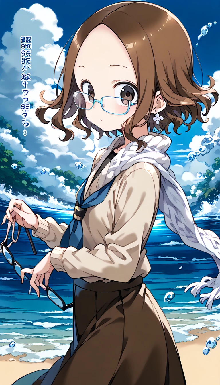 A girl with long hair and glasses wearing a pink swimsuit,Cover your chest with both hands,Looking up,Black Hair,Wink,Seaside,pastel colour