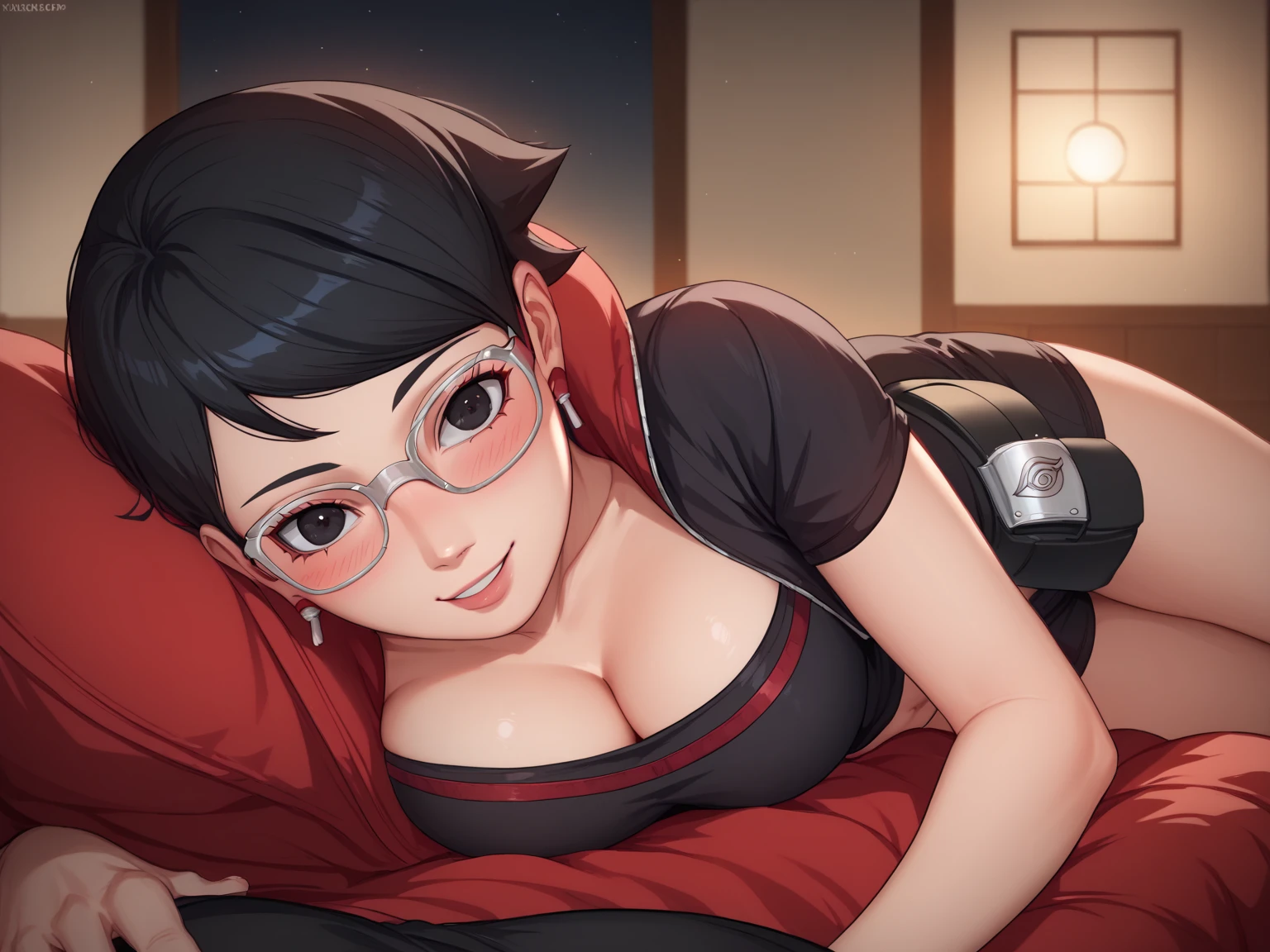 Single European woman, 30 years old, There is an adult woman on bed, a stuffed penguin between her legs, glasses, Dark hair, red lips, Eye shadow, slutty makeup, Ponytails , beautiful chest, big breasts, cleavage, Second Life Avatar, Beautiful screenshot, Second Life, Front view, attractive woman, high quality, highly detailed skin,