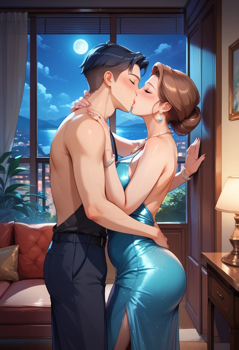 Mid-age woman, enormeus chest, big hips, thight blue dress, Visible neckline, long brown hair, blue eyes, seductive face, kissing a small flushed boy at her side, taking off her top slowly