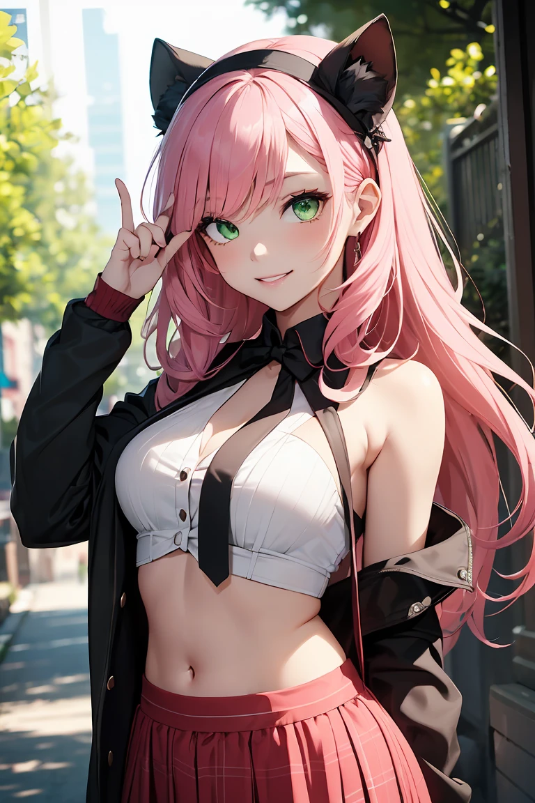 Lara Deviluke, Lara Deviluke, Long Hair, Pink Hair, tail, Ahoge, bangs, hair ornaments, (Green Eyes:1.5), happy smile, smile, Open your mouth,demon tail,Off-the-shoulder sweater,Exposing shoulders,bare clavicle,Bare neck,Heart Pendant,Shorts,Black Pantyhose,short boots,Cherry blossoms are blooming,Cherry blossoms are scattered,Cherry blossom tree-lined path,Daytime,Clear skies,
break outdoors, city,ビル街
break looking at viewer, (Cowboy Shot:1. 5)
break (masterpiece:1.2), highest quality, High resolution, unity 8k w全てpaper, (shape:0.8), (beautiful detailed eyes:1.6), extremely detailed face, Perfect lighting, extremely detailed CG, (Perfect hands, Perfect Anatomy),