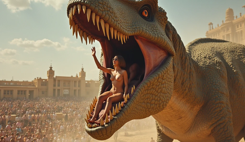 NSFW.  Nude. Full shot. (1girl, solo) A blonde Raquel Welch from One Million Years BC nude, large breasts, nipples, vulva, pubic hair, standing proud in a prehistoric desert landscape, BREAK a giant lizard stares menacingly from the middle ground, BREAK in the far background, a smoking volcano [no technology: 1.3] [no buildings: 1.3] [no cars: 1.3] [no trucks: 1.3]