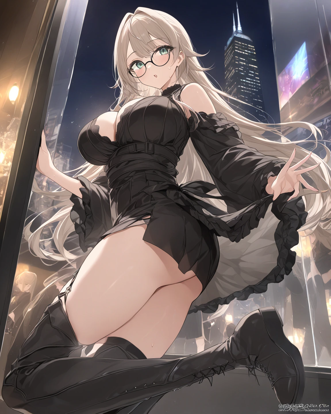 sexy, ensaio sensual, realistic, full body, solo, 1girl, mature female, (gyaru, goth, bimbo), huge chest, long legs, huge thighs, huge calves, mature female, flat belly, abs, dark skin, tiny waist, narrow waist, white hair, glowing eyes, huge hips, thick lips, thin toned body, (transparent glass corset)