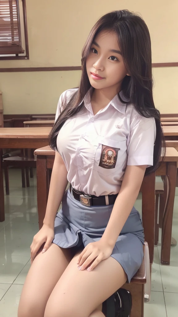 ((Best quality, Masterpiece, 8K)), 15 years old Indonesian girl. Wear Indonesian high . White shirt, gray skirt. Black belt. Beauty, half layered hair. Sitting on the chair of classroom, Open leg apart. Smile. Full body. White panties. Visible white panties. View on camera