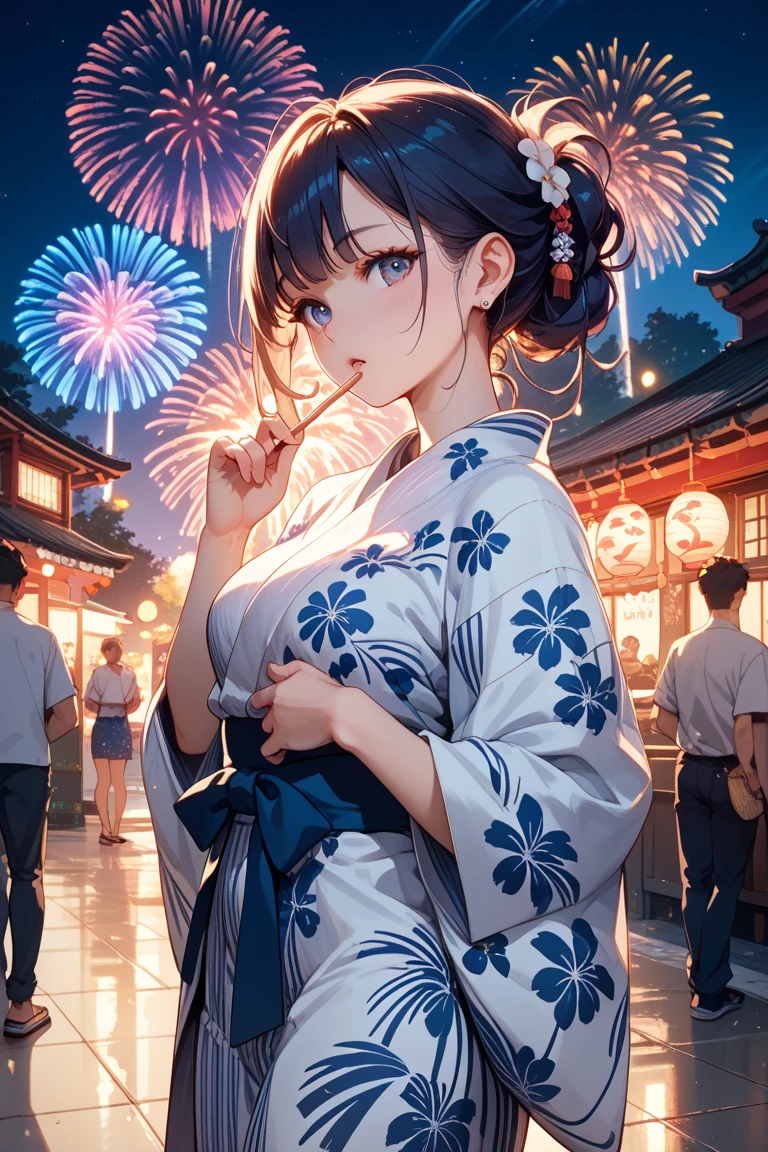 最high quality、Best image quality、masterpiece、With a girl((cute、16 years old、Best Bust、Medium Bust、Beautiful Blue Eyes、Spread your chest wide,Black Hair、ponytail、Disheveled Hair、thin、Highest Valley、Red yukata、Red lipstick、Red eyeliner、Cool impression)）high quality、Beautiful art、background((night、festival、stall、Fireworks)),Tabletop、Exquisite design、Visual Arts、Written boundary depth、Best lighting、Highest detail、8ｋ