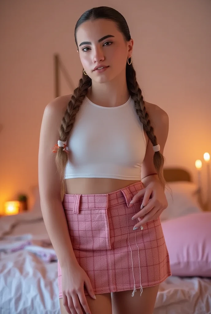 1girl, yellow eyes, long hair, pink hair, cewe-sma, from fitting, white shirt, gray micro skirt, looking at viewer, seductive smile, arms behind back, bedroom, hair ornament.
