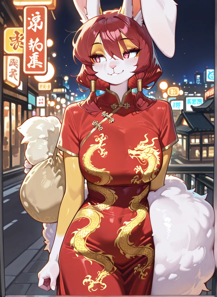 Sensual anthropomorphic red panda furry hooker, soft furry body, wearing a long red sleeveless qipao dress, city street at night